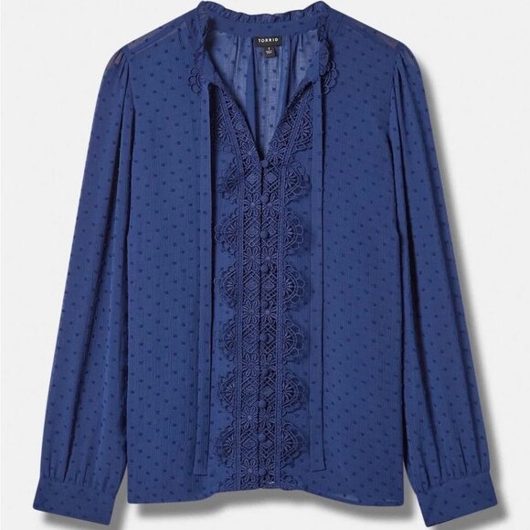 Torrid Women's Navy Swiss Dot Lace Peasant Blouse Boho Long Sleeve Size 4X Top - Picture 2 of 11